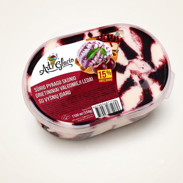 Sūrio pyrago skonio grietininiai ledai su vyšnių įdaru indelyje 1100ml/550g