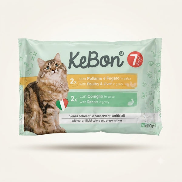 Ėdalas suaug. katėms su paukštiena,kepenėlėmis,triušiena padaže(4x100g) 0,4kg KEBON