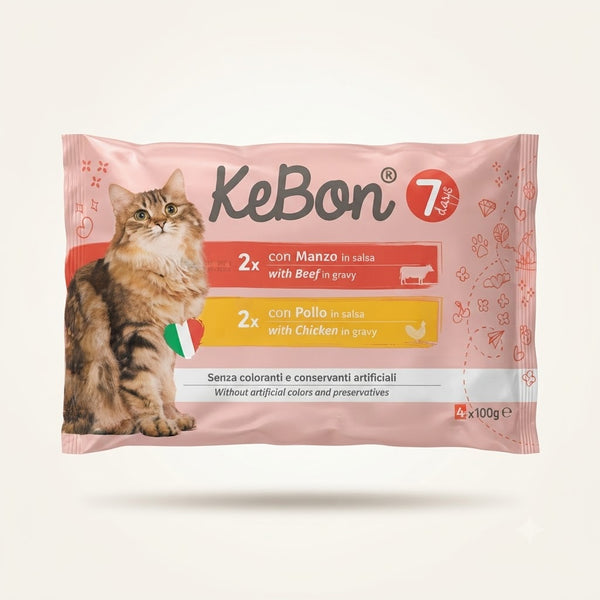 Ėdalas suaug. katėms su jautiena, vištiena padaže(4x100g) 0,4kg KEBON