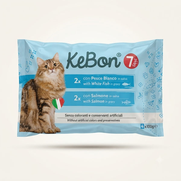 Ėdalas suaug. katėms su žuvimi,lašiša padaže(4x100g) 0,4kg KEBON