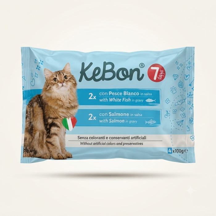 Ėdalas suaug. katėms su žuvimi,lašiša padaže(4x100g) 0,4kg KEBON