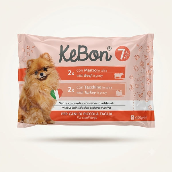 Ėdalas suaug. mažų veislių šunims su jautiena, kalakutiena padaže(4x100g) 0,4kg KEBON